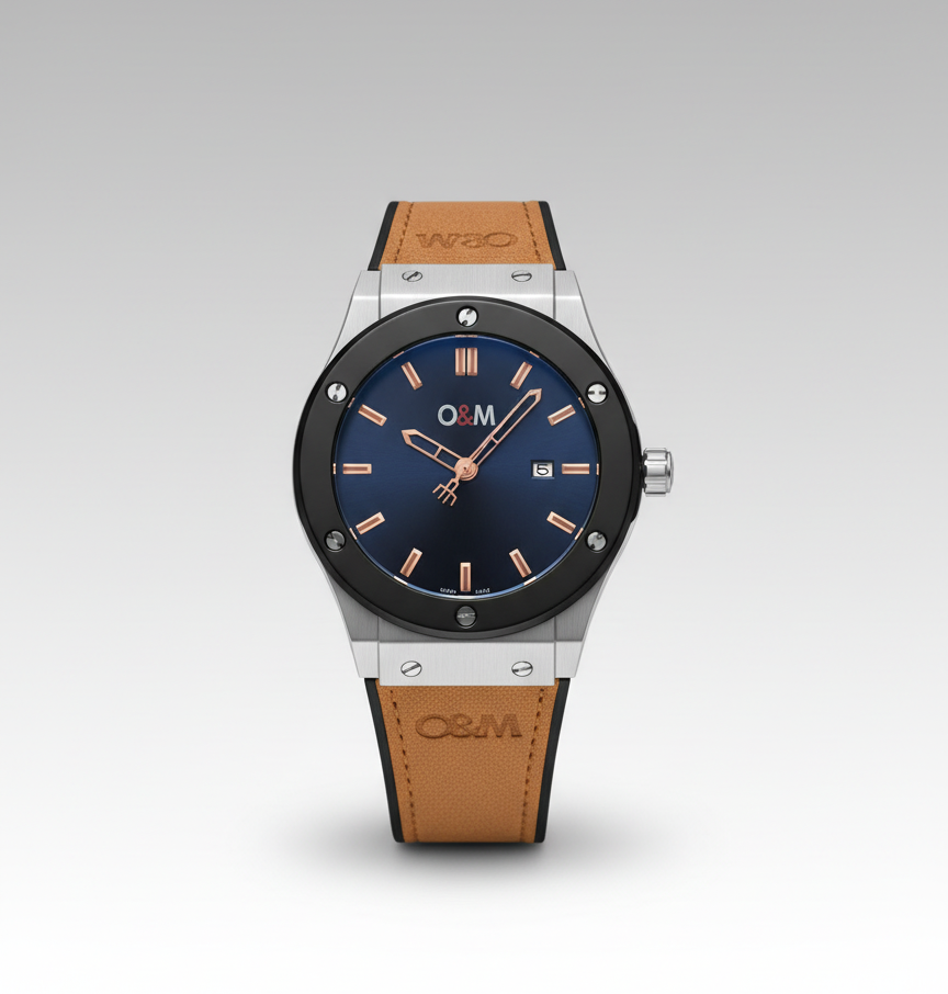 O & M Master lock leather Men's watch