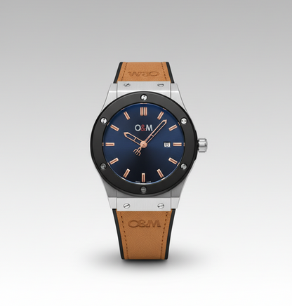 O & M Master lock leather Men's watch