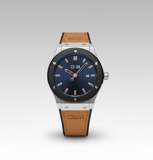 O & M Master lock leather Men's watch