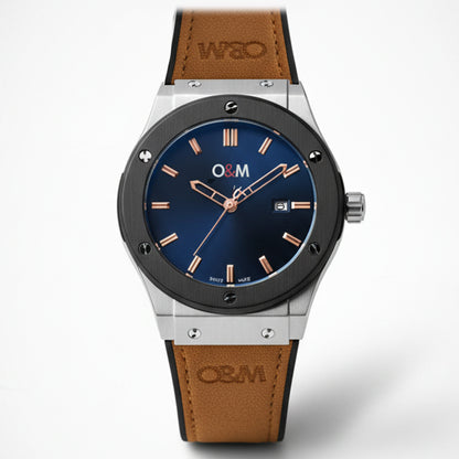 O & M Master lock leather Men's watch
