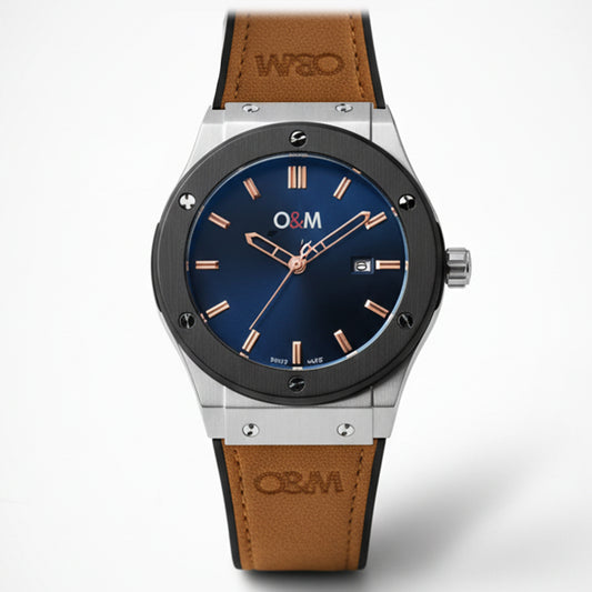 O & M Master lock leather Men's watch
